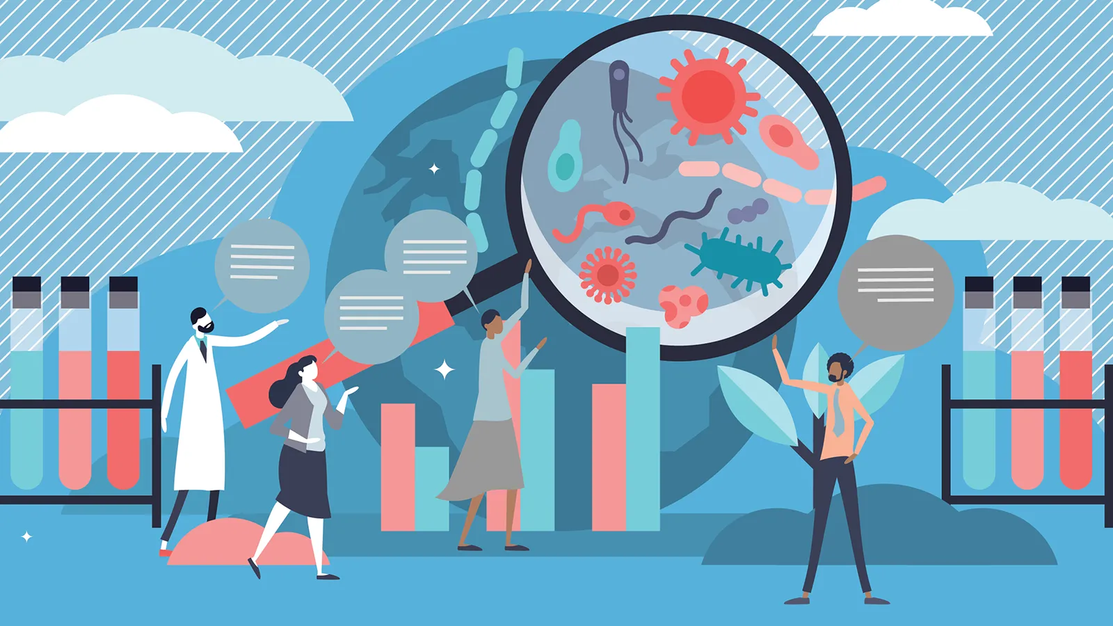 Abstract image of scientists looking at microbiome magnifying glass