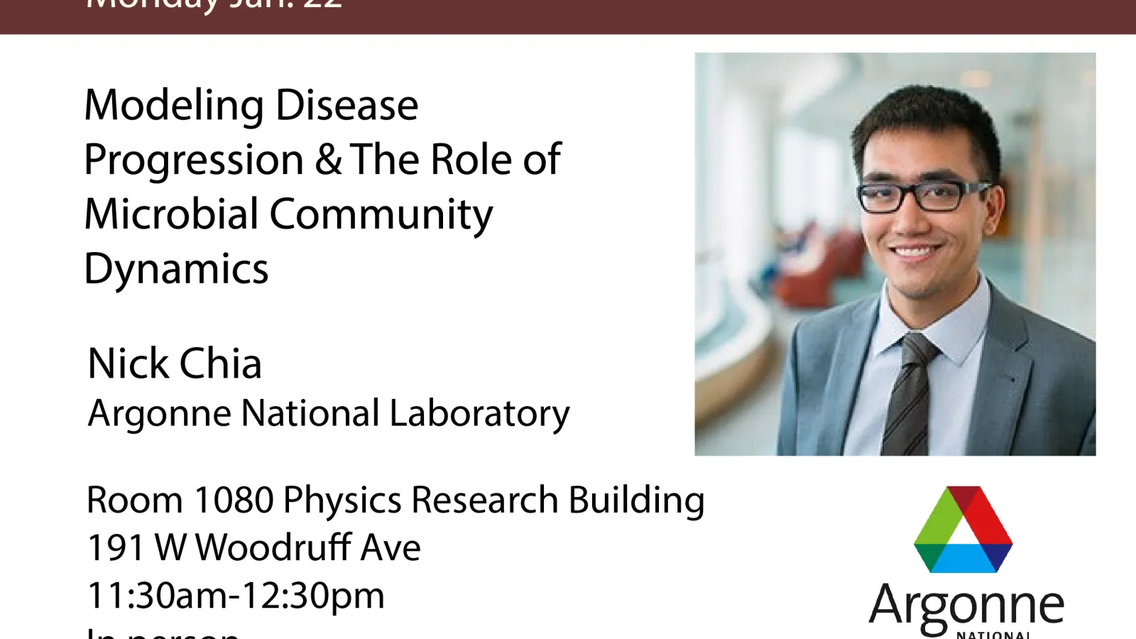 Jan 22 talk Nick Chia 1080 Physics Research Building