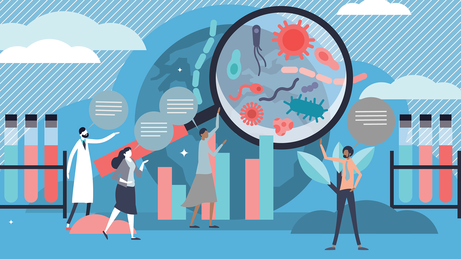 Abstract image of scientists looking at microbiome magnifying glass